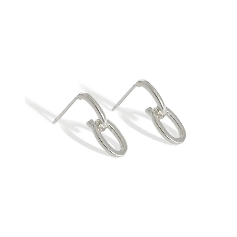 WMEB094 Sterling Silver Interlocking Oval Drop Earrings Matte Retro Double Link Unisex Fine Studs Plain Silver Earrings