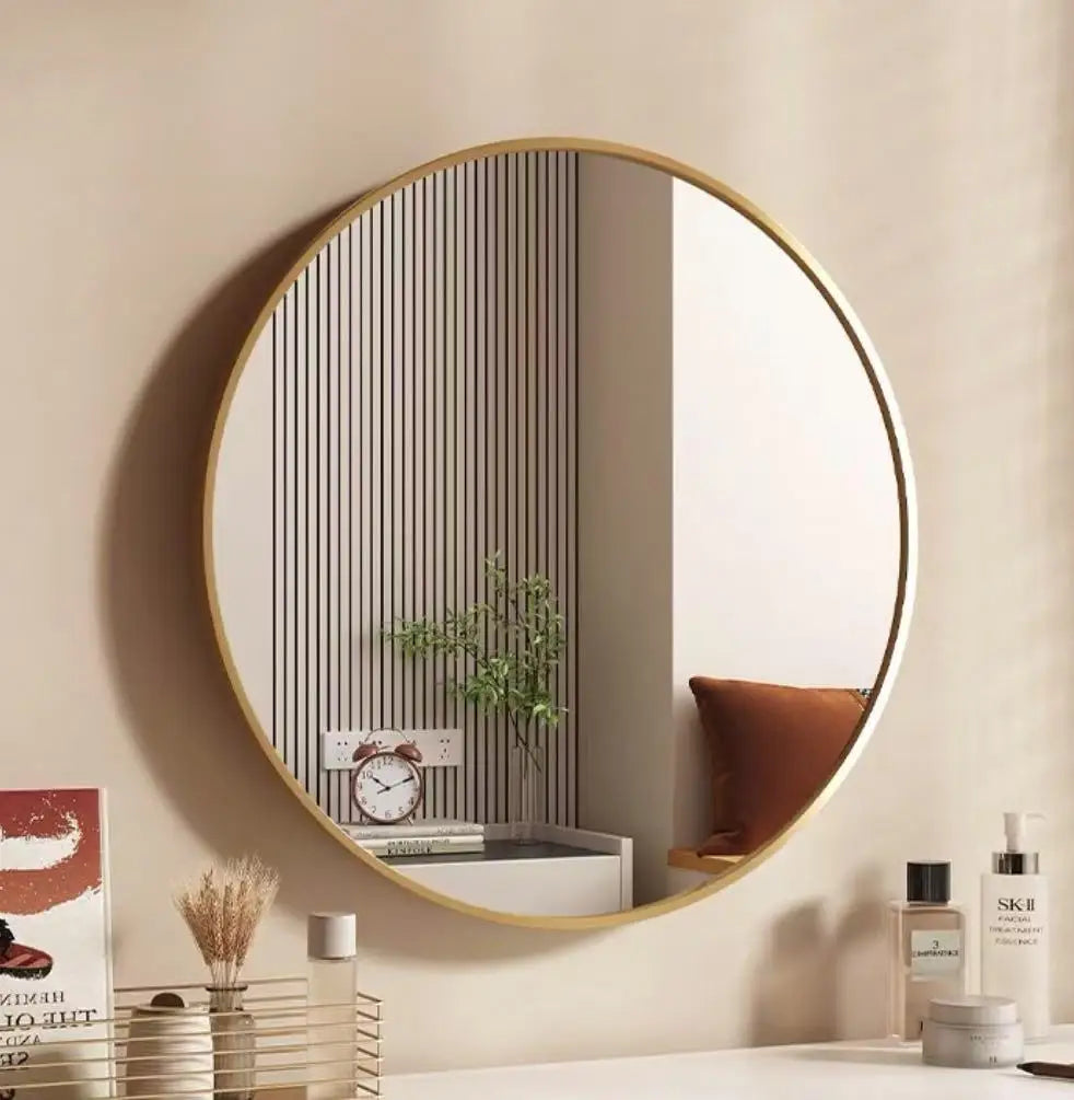 Modern Minimalist Round Wall Mirror Thin Gold Metal Frame Decorative Circular Mirror for Home Living Room Bedroom Decor