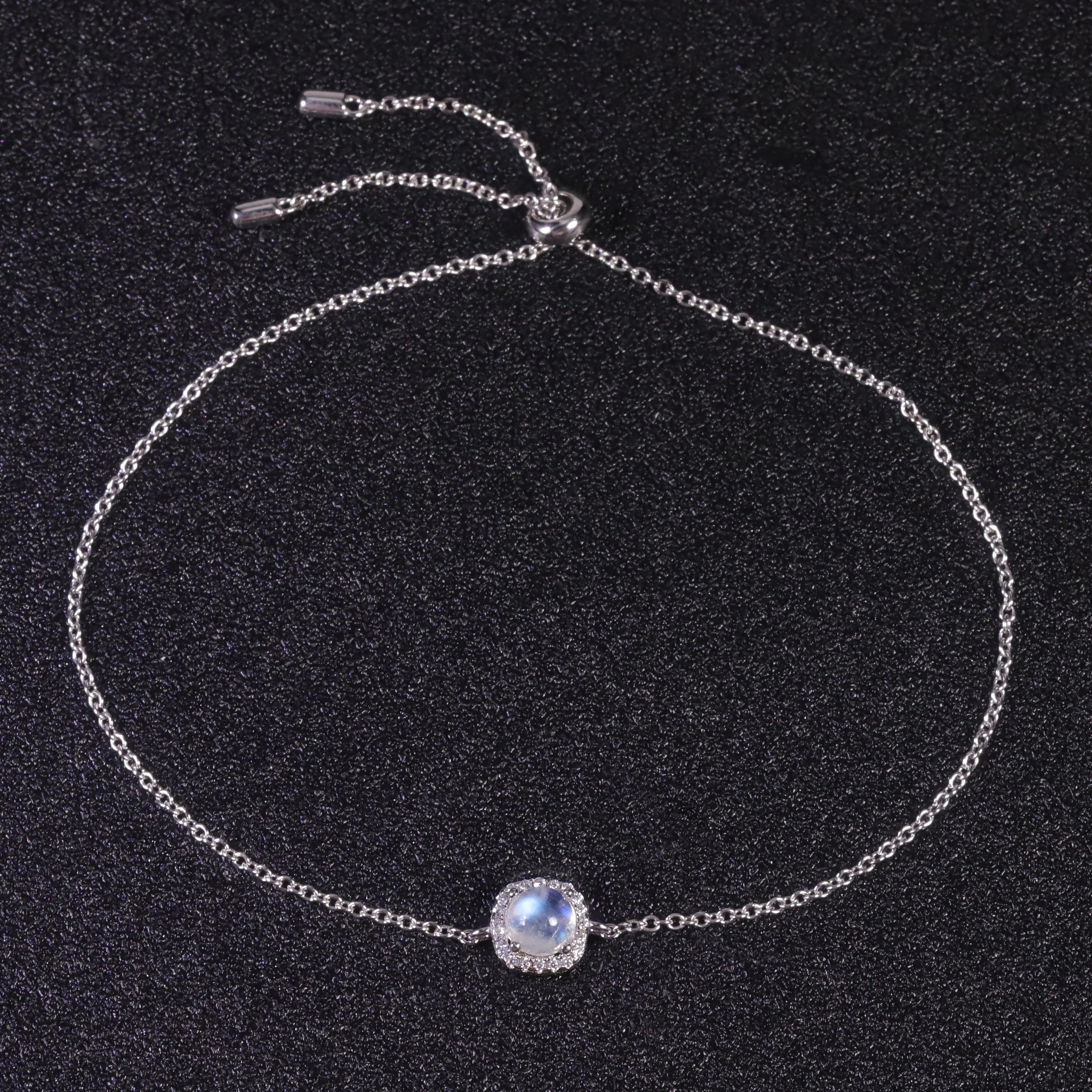 Wholesale Fine Jewelry Cz Square Halo 925 Sterling Silver Natural Moonstone Link Chain Charm Bracelet Anklets for Women