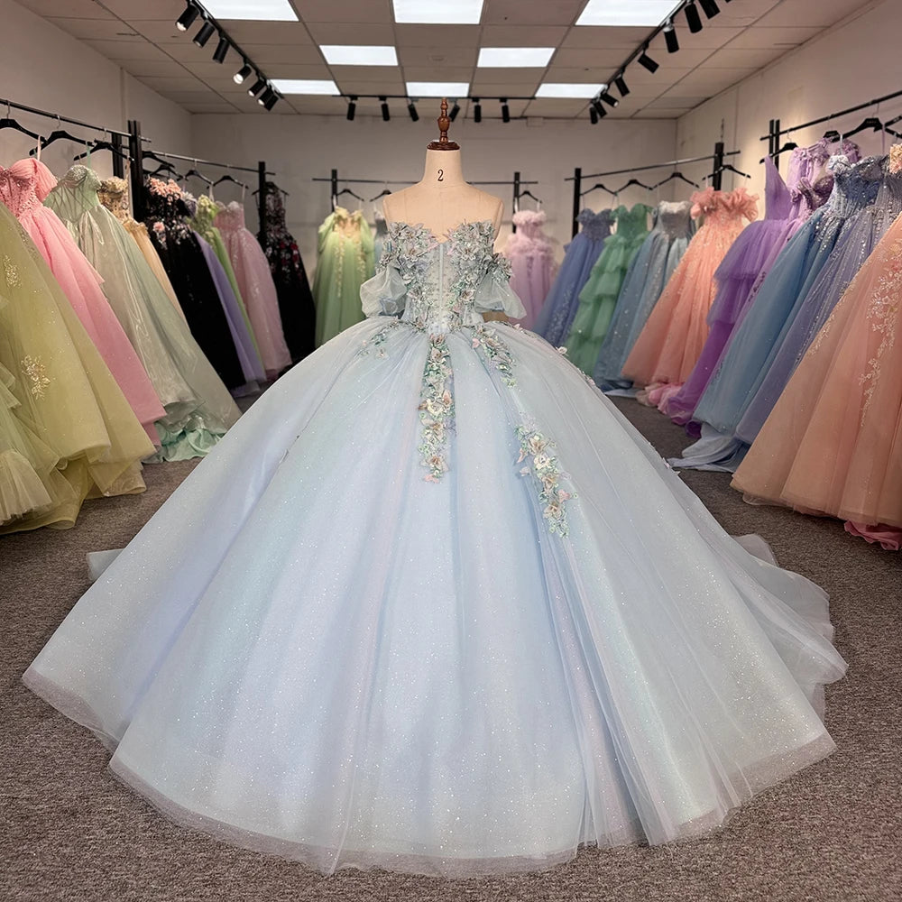 Jancember 6823 Glitter Light Blue Off Shoulder Appliqued Flower Quinceanera Dresses