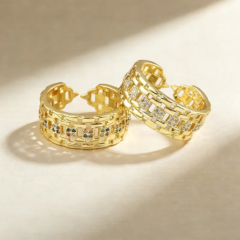 QIKU Trendy Korean Style Geometric 18K Gold Plated Adjustable Ring Copper Zircon Aesthetic Jewelry Accessories Charm Gift
