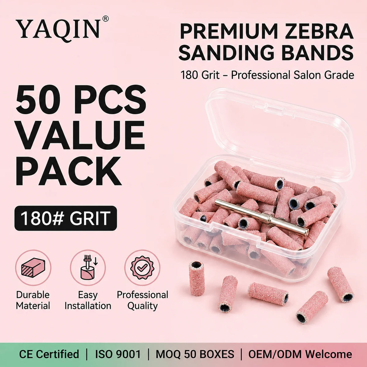 Yaqin OEM ODM Pink Band Sanding Zebra Manicure Mandrel Bit Custom Logo 50pcs Box Package Nail Sanding Bands MegaBDM