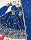 New Designer Women's Solid Heavy Chinon Silk Gown Pant Dupatta Set Embroidery 5mm Sequence Work Sleeve Mirror Work Party Wrinkle MegaBDM