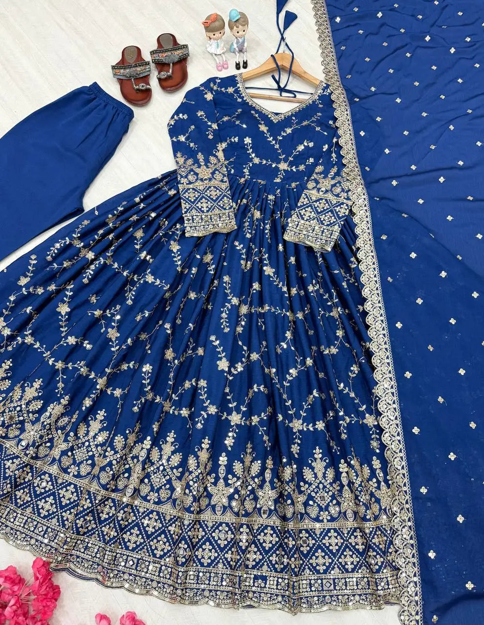 New Designer Women's Solid Heavy Chinon Silk Gown Pant Dupatta Set Embroidery 5mm Sequence Work Sleeve Mirror Work Party Wrinkle MegaBDM