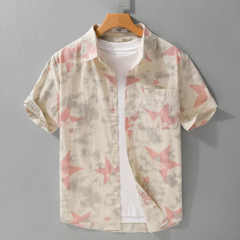 RNSHANGER New Men's Short Sleeve Shirt Pure Cotton Full Print Star Pattern Casual Loose Fit Summer Fashion Urban Style Shirt MegaBDM