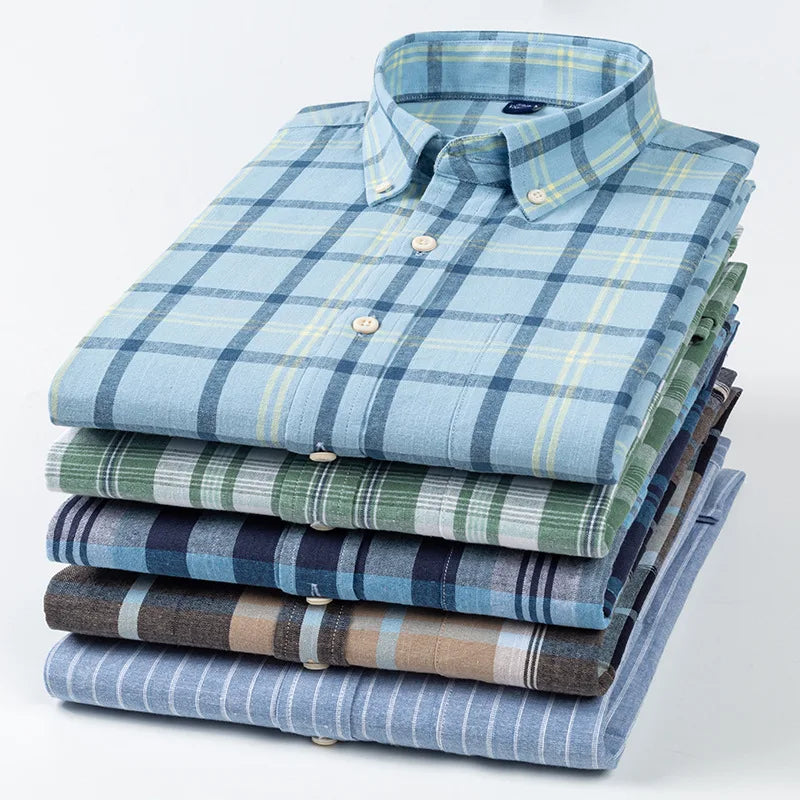 RNSHANGER Fashion Korean Style Men's Cotton Linen Shirts Casual Plaid Long-Sleeve Shirts New Breathable Single Pocket Shirts MegaBDM