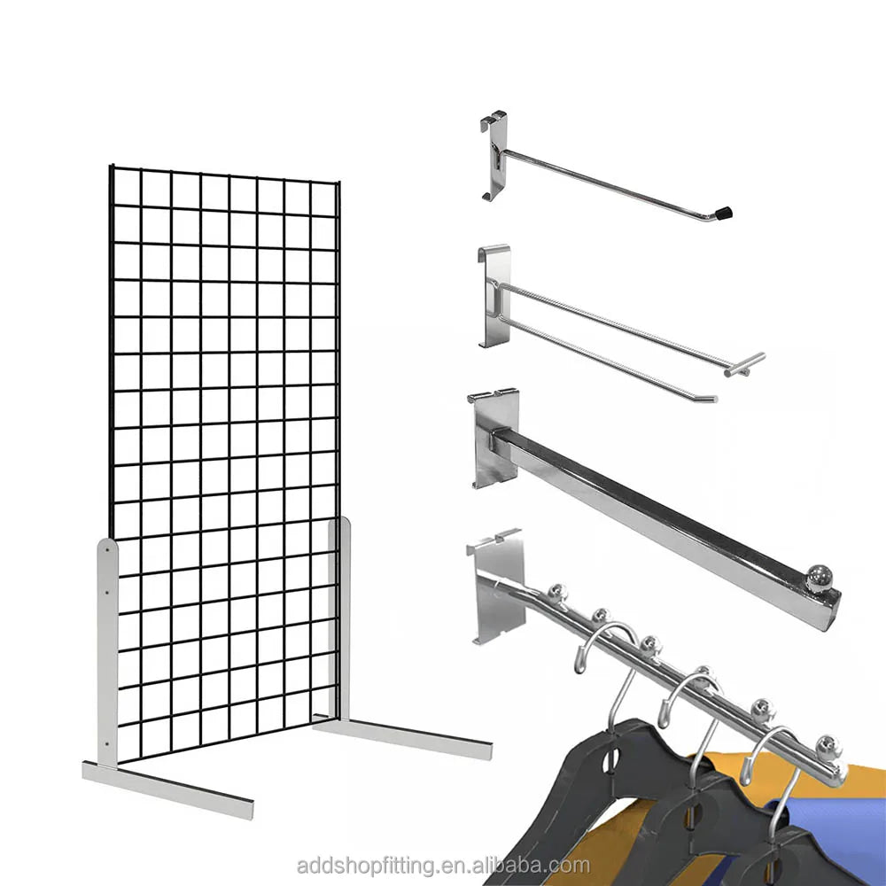 Steel L-shape Wall Panels Grid Display Rack with Slatwall Hooks for Retail Use Easy Installation