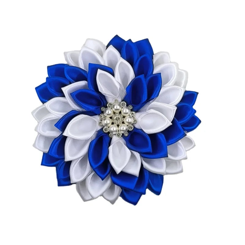 Blue & White Bow Tie Brooch/ Pin  Blue White Fabric Ribbon Corsage
