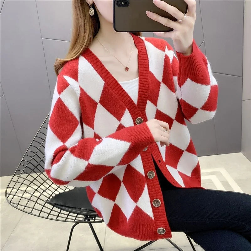 Customized logo Women Long Sleeve Argyle Design Jacquard v Neck Knitting Sweater Cardigan Casual Plaid Button Coat