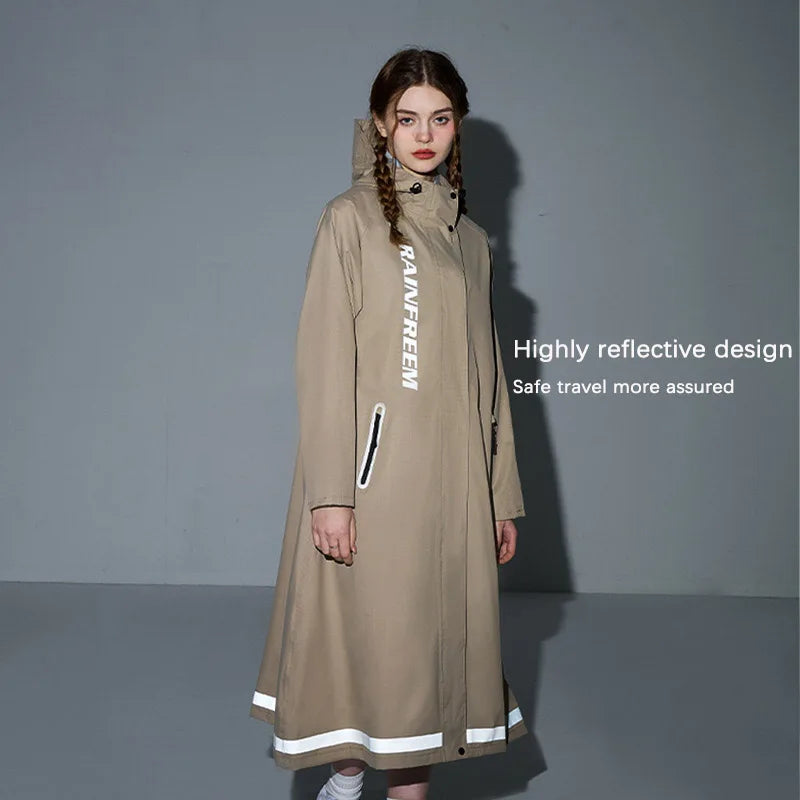 Rainfreem High Quality Waterproof Long Trench Pongee Fabric PVC Coating Fashion Raincoat Poncho