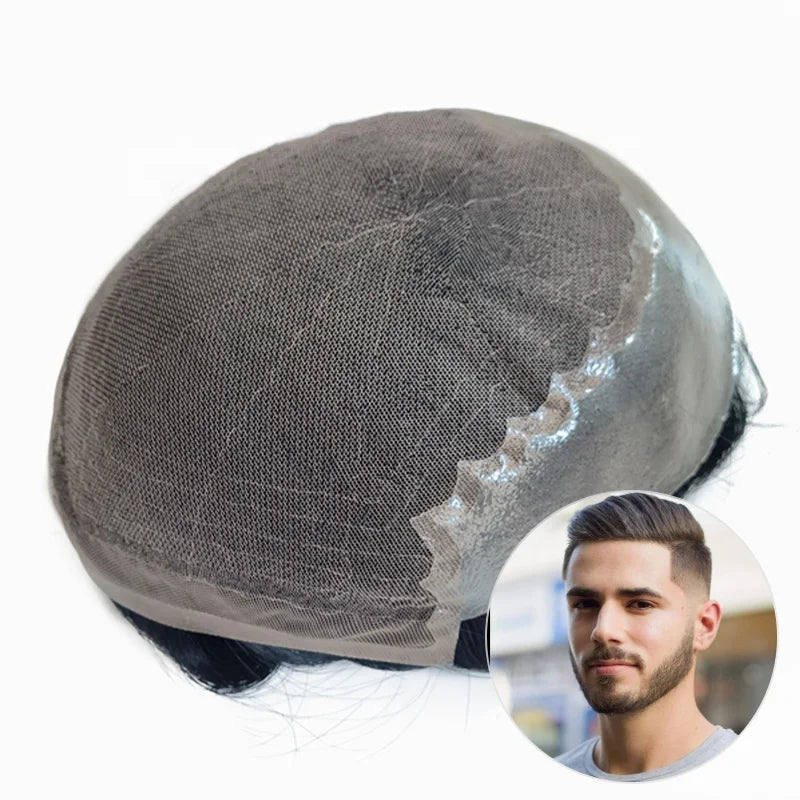 120% Density Q6 Base Natural Remy Human Hair Super Fine Swiss Lace PU Thin Skin System Men Toupee MegaBDM