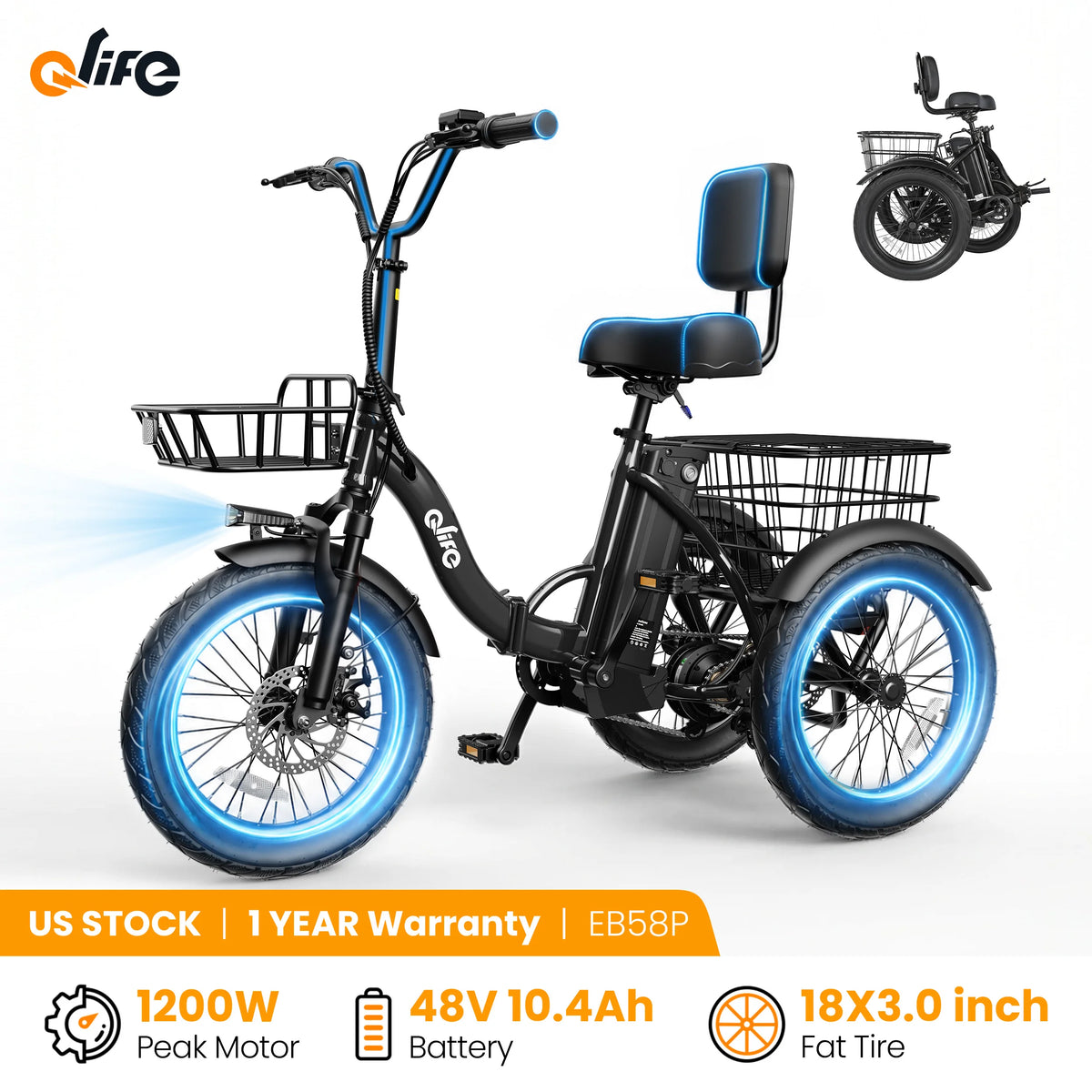 Qlife Triker 2.0 Folding Electric Trike | 1200W 48V 18MPH 50-Mile Range Fat Tire Tricycle AliExpress