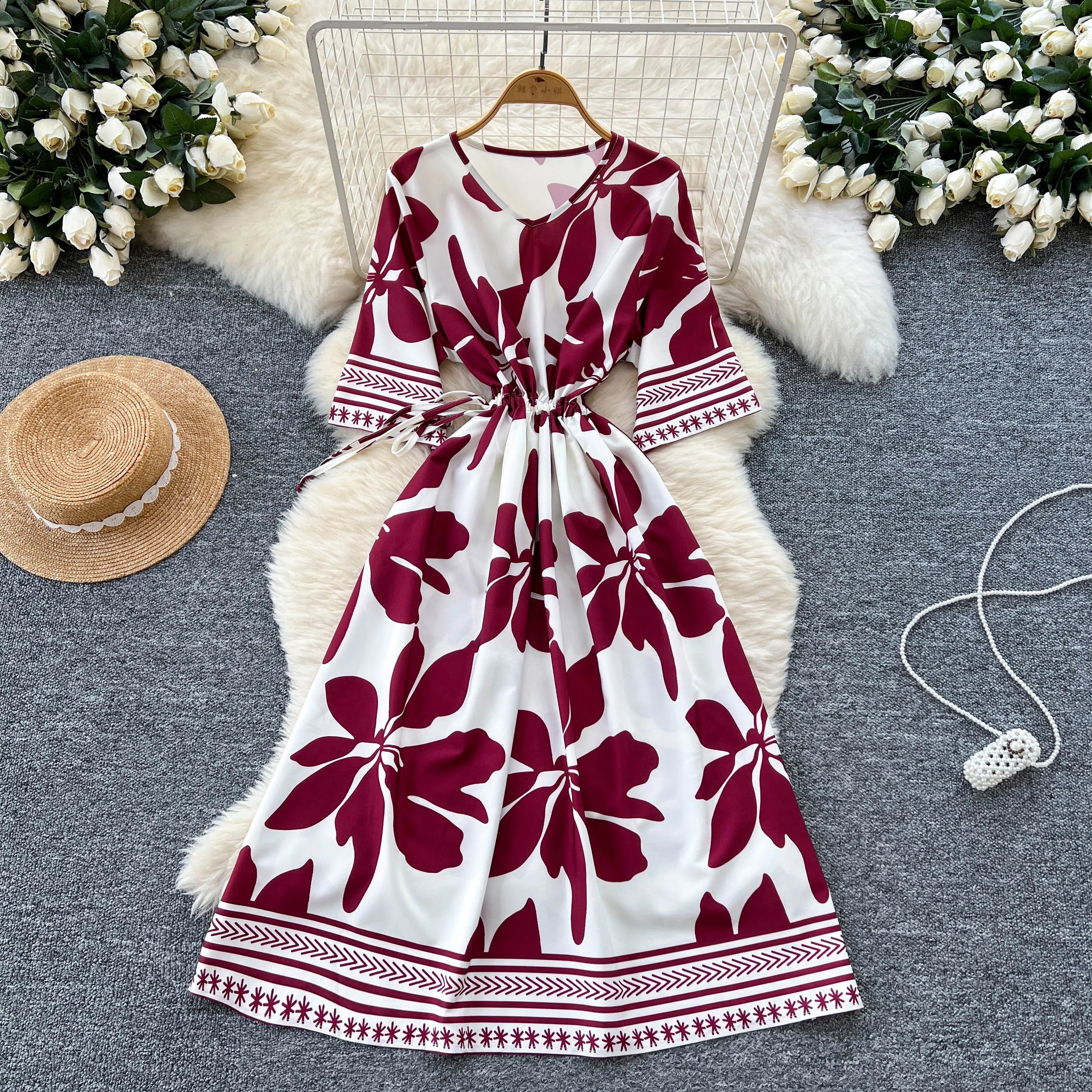 Summer Vacation Tunic Slim Bandage Casual Midi Dress For Women Empire Printed Lace Dress