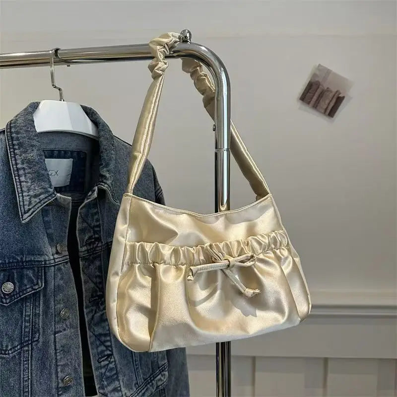 Original Fashion Ballet Style Girl Satin Sheen Silk Pleated Bow Small Bag Underarm Shoulder Handbag Cute Portable MegaBDM