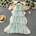 Summer Roman Halter Slim Casual Midi Dress For Women Sleeveless Empire Ruffled Shift Silk Dress
