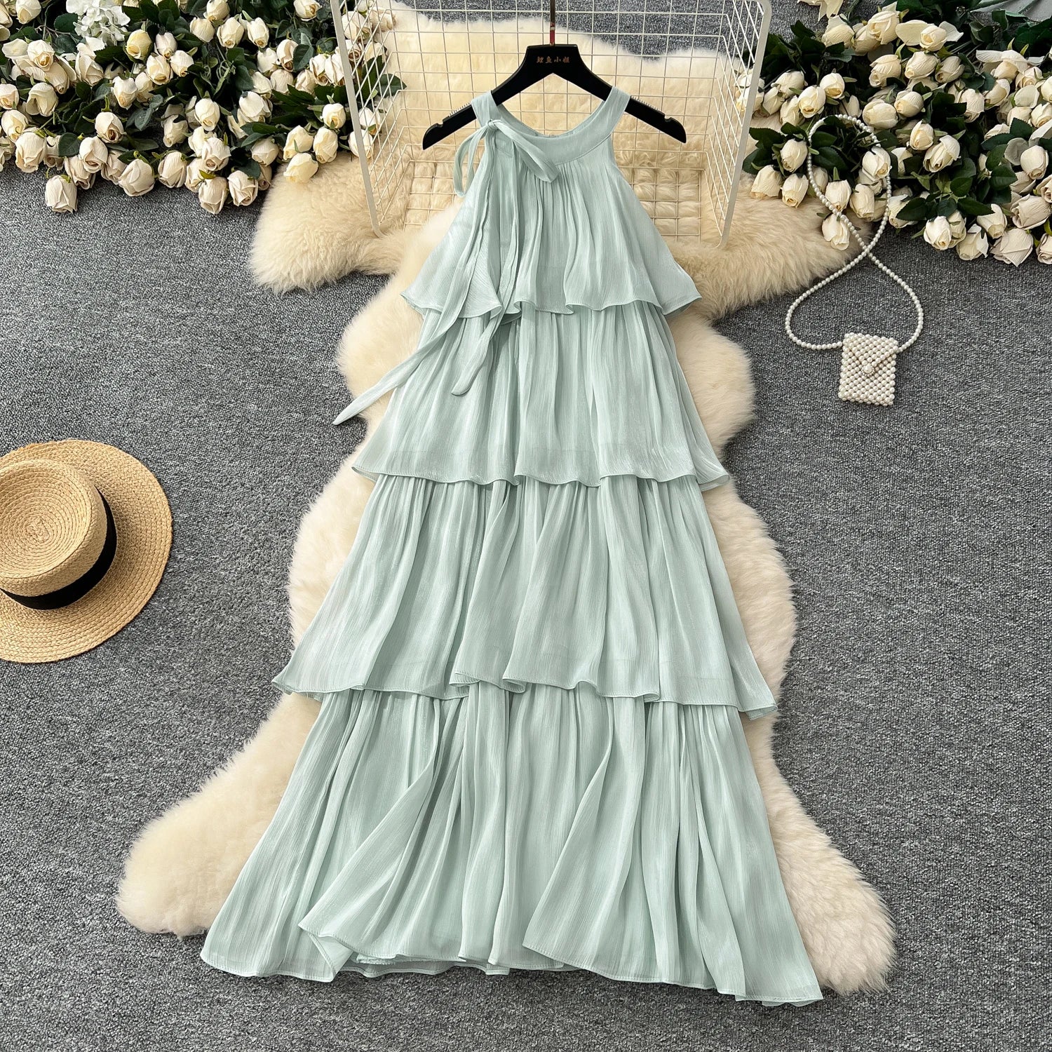 Summer Roman Halter Slim Casual Midi Dress For Women Sleeveless Empire Ruffled Shift Silk Dress