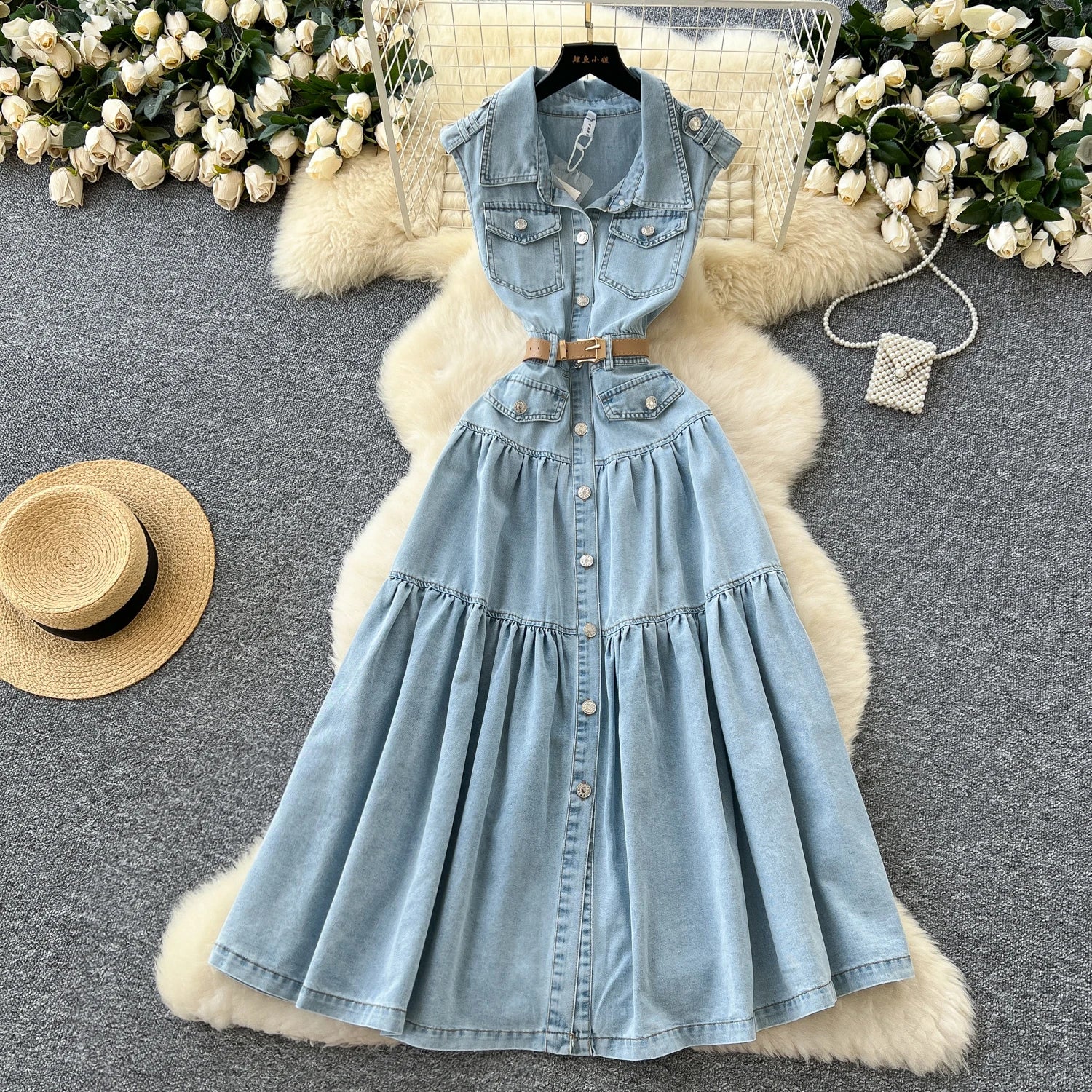 Summer Turn-down Collar Tunic Slim Pleated Midi Dress For Women Sleeveless Empire Denim Dress