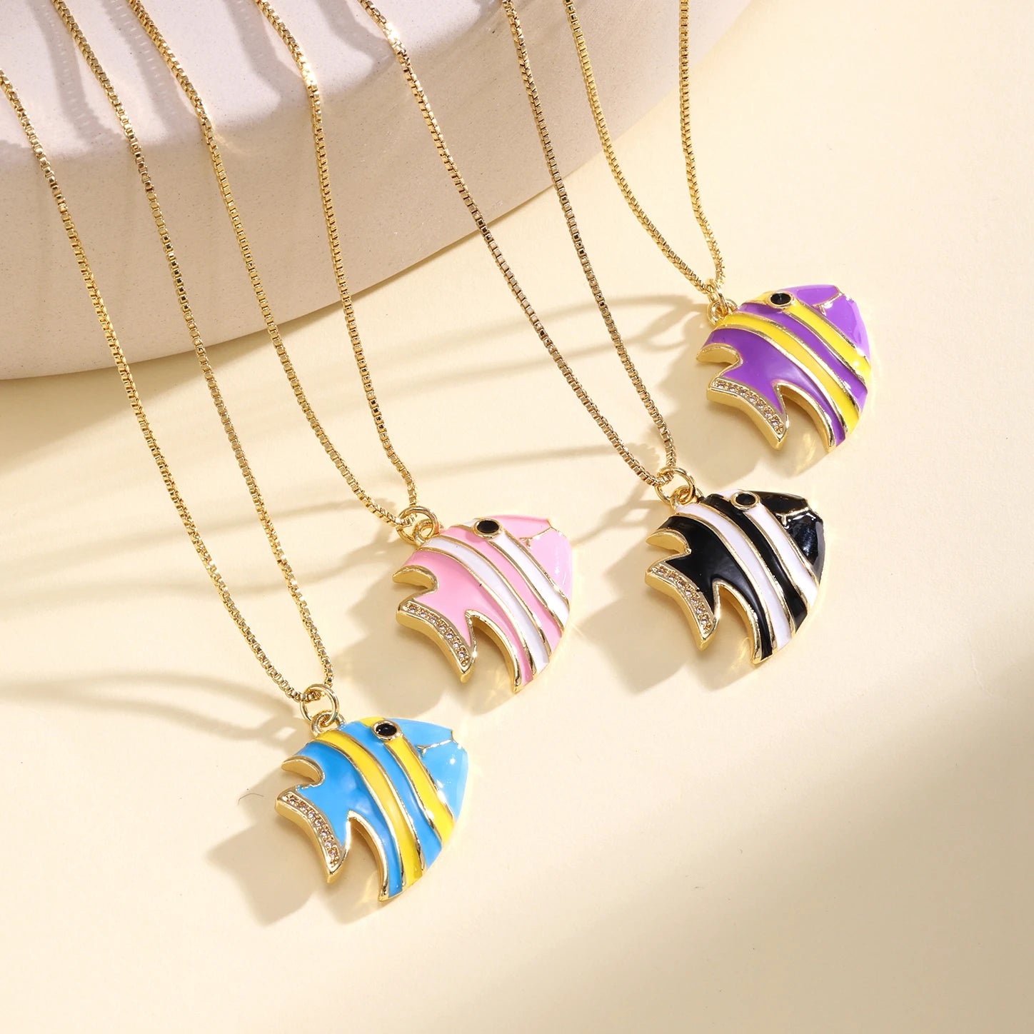 Enamel Fish Pendant Necklaces Gold Plated Animal Charm Necklaces with Colorful Striped Design Cute Ocean Jewelry for Woman Man
