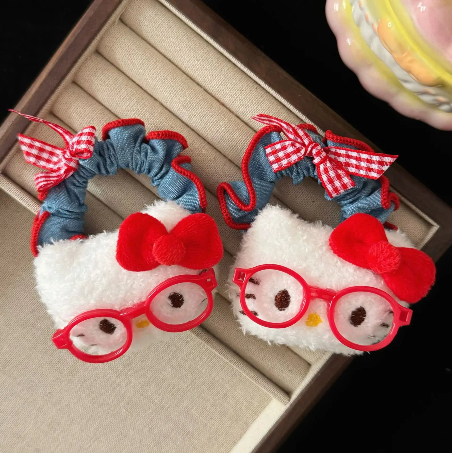 Autumn New Red Denim Lace Plush cat Hair Ties Cute Sweet Cool Style Ponytail Hair Rope Hair Accessories for Girls