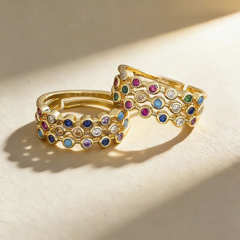 QIKU Rainbow 3 Layers Ring Women Colorful Rhinestone Opening Adjustable Copper Zircon Jewelry Accessories Wholesale Dropshipping
