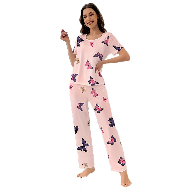 Women's Elegant Short-Sleeve Crew Neck Butterfly Printed Sleepwear Comfortable 2-Piece Pajama Set for Summer and Autumn