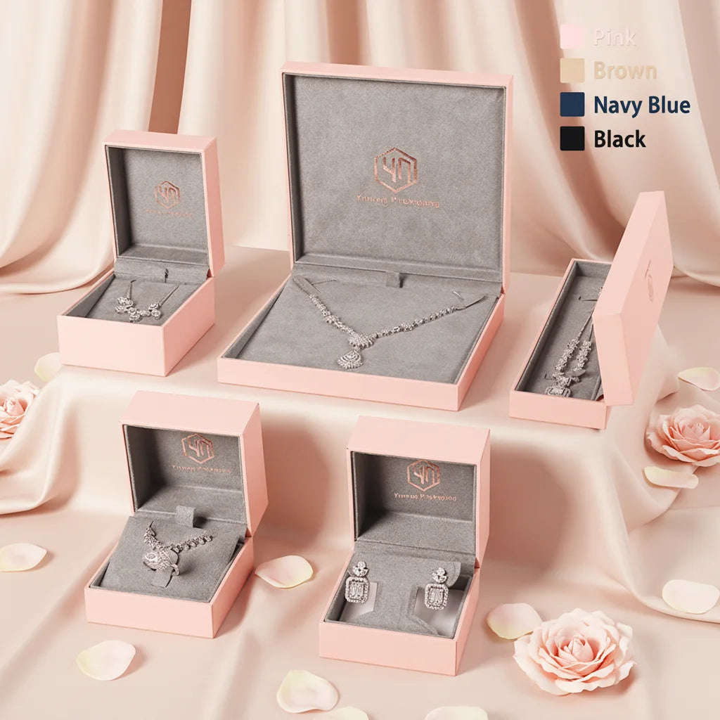 Premium Pink Luxury Jewelry Packing Box Sets Flip Top Matte Gold Stamping Gift Package Box for Jewelry Retail Jewelry Counter