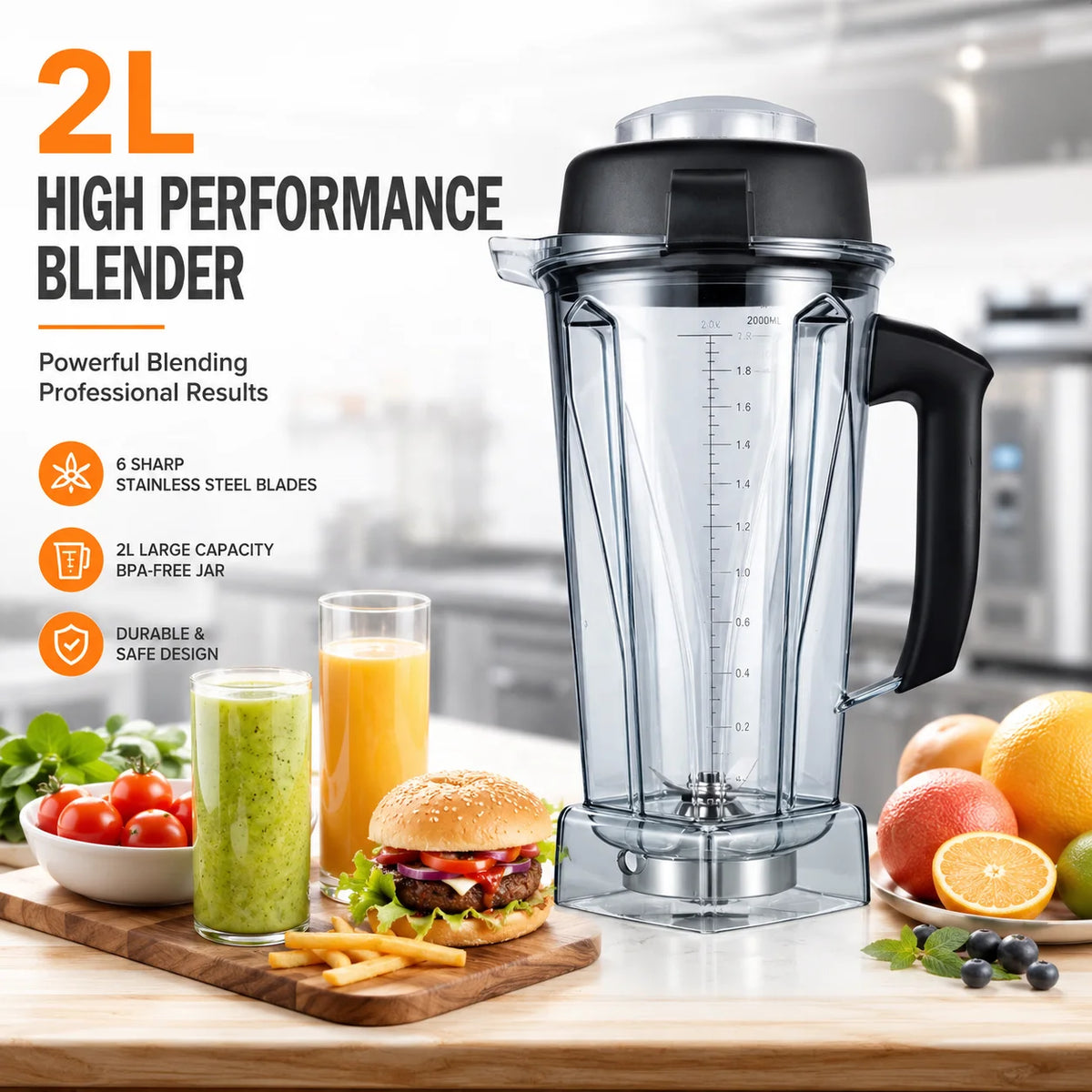 YHS 2L Stainless Steel Blade Plastic Blender Jar with Cups Strong Compatibility & Water Resistant for Hotel Use MegaBDM