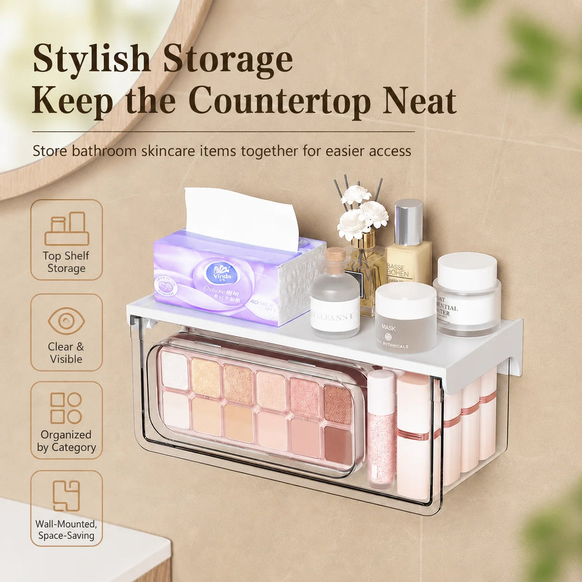 Clear Pull Down Drawer Organizer Punch Free Wall Hanging Container for Bathroom Cosmetics and Lotion MegaBDM