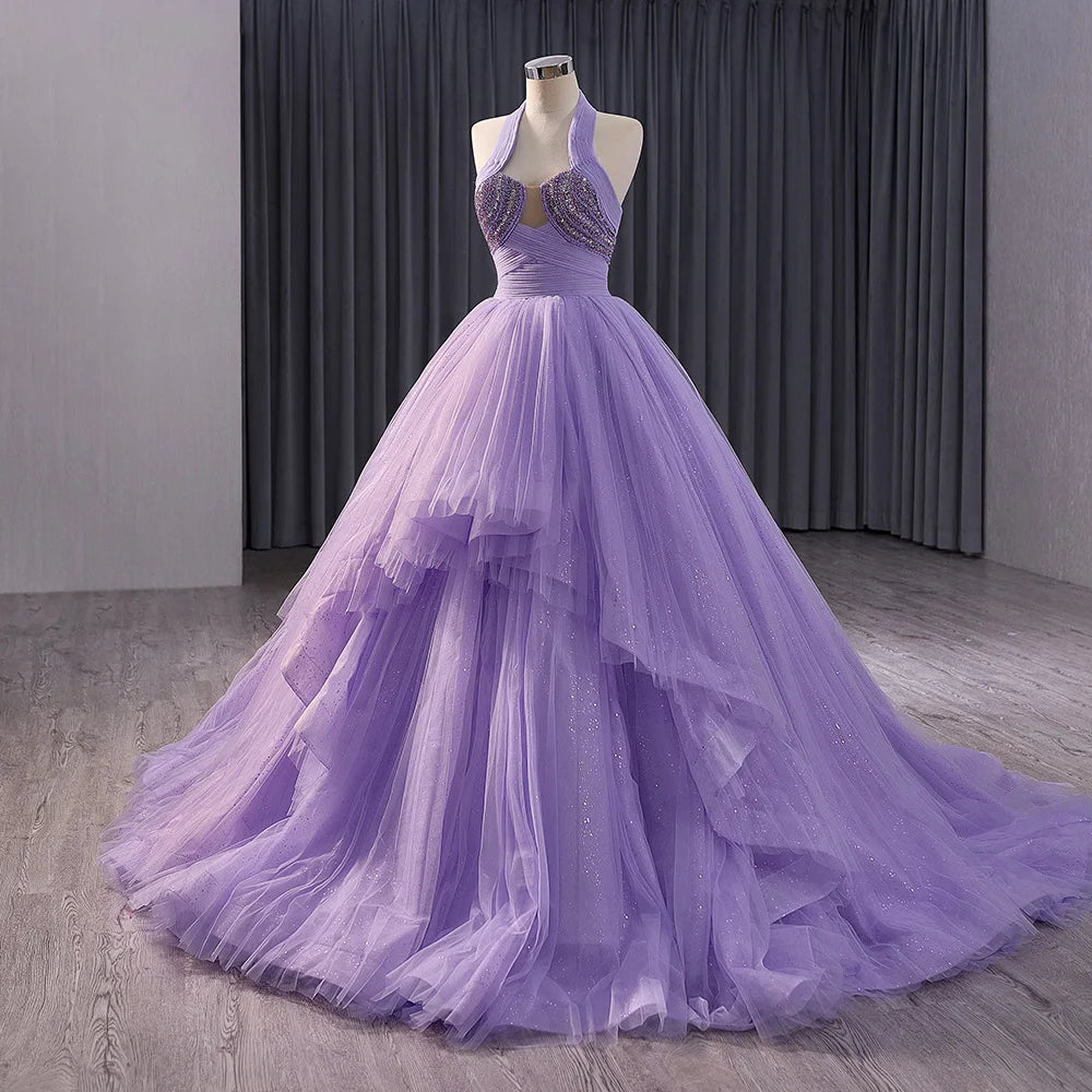 Jancember 231111 Glitter Halter Tulle Fabric Ball Gown Lilac Evening Party Dresses