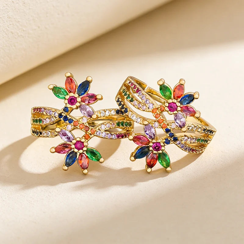 QIKU Bohemian Flower Shape Women Rings Copper Colorful Zircon Adjustable Jewelry Accessories Party Gift Wholesale Dropshipping