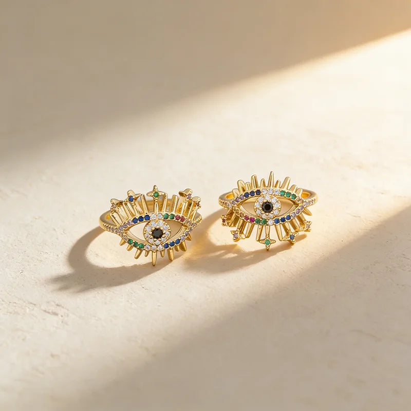 QIKU Rainbow Crystal Eye Copper Zircon Women Rings Adjustable Jewelry Accessory Party Christmas Gift Wholesale Dropshipping