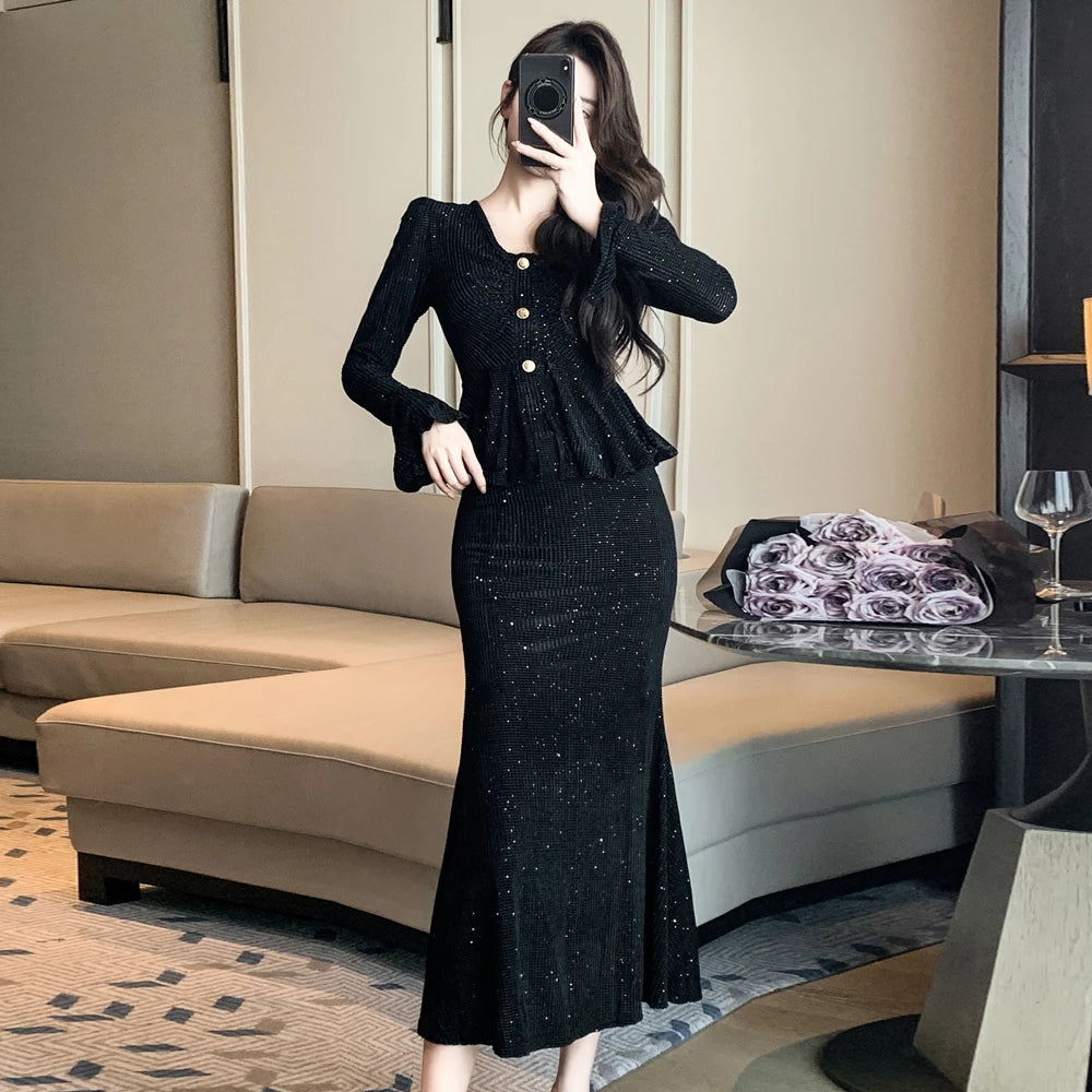 2025 Spring Women's Casual Sets V-Neck Flare Sleeve Tunic Top And Slim Set Clothing Wholesale