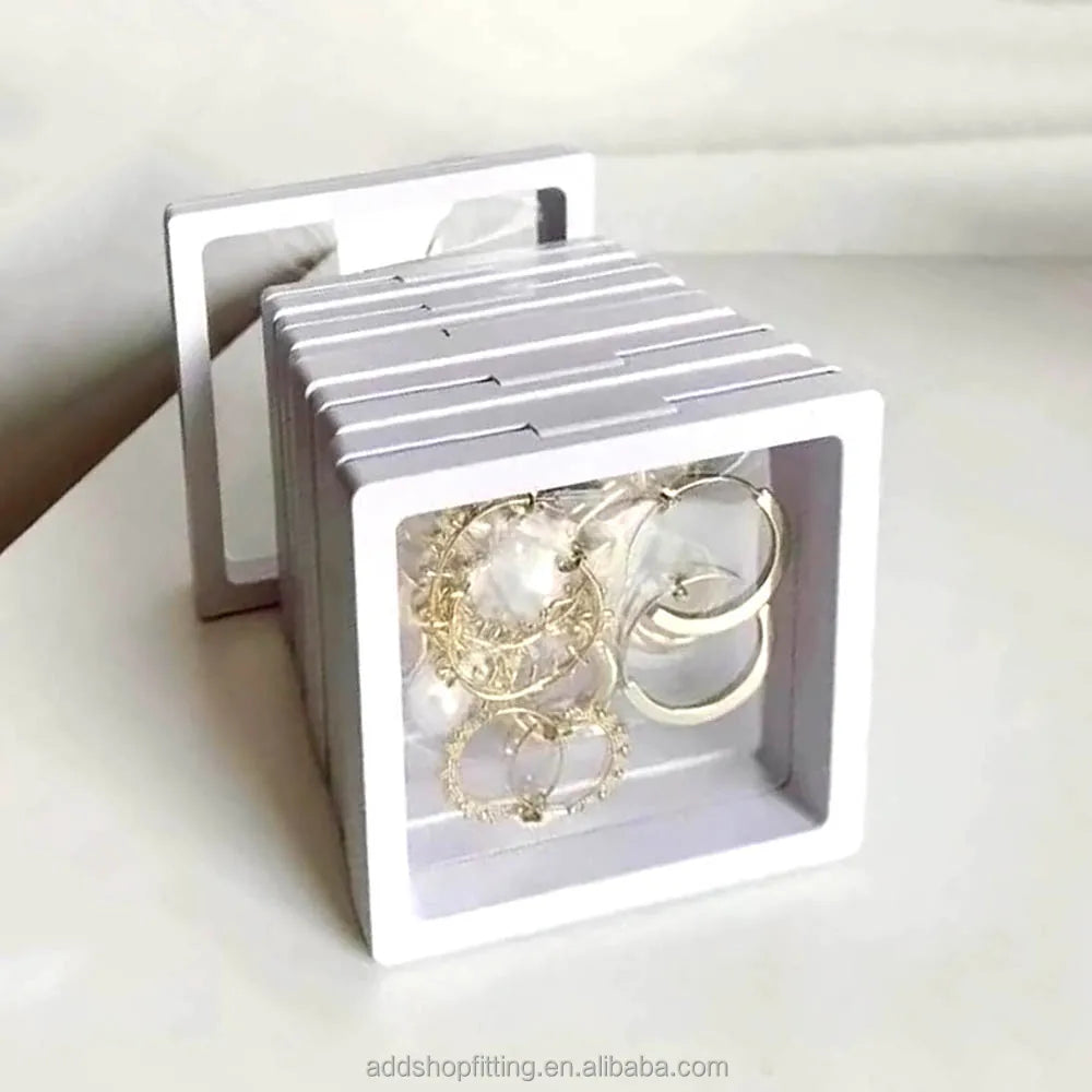 Custom logo PE Film Transparent Floating Frame Bracelet Ring Necklace Case Jewelry Display Stand