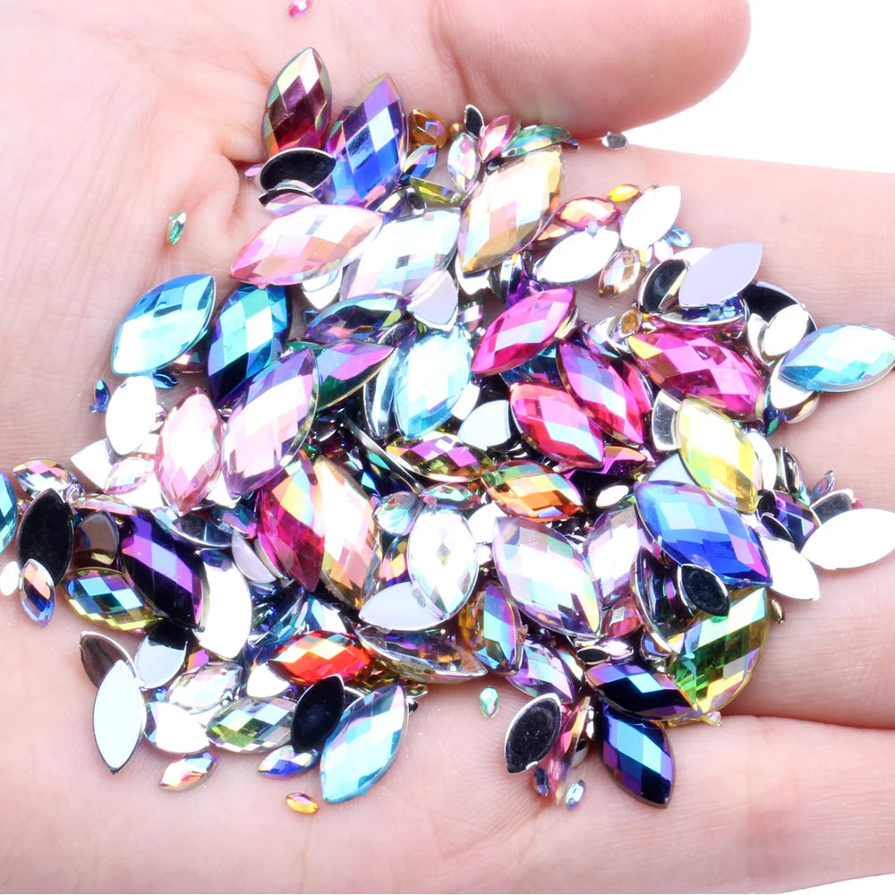 Hot Sale 600pcs Mix Size Acrylic Rhinestones Earth Facets Glitter Glue 3D Nail Art Strass Loose Beads Marquise Dress Garment
