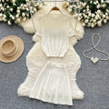 Casual Knitted Set for Women Sweet and Gentle Summer Style Round-neck Short-sleeved Top High-waisted Skirt