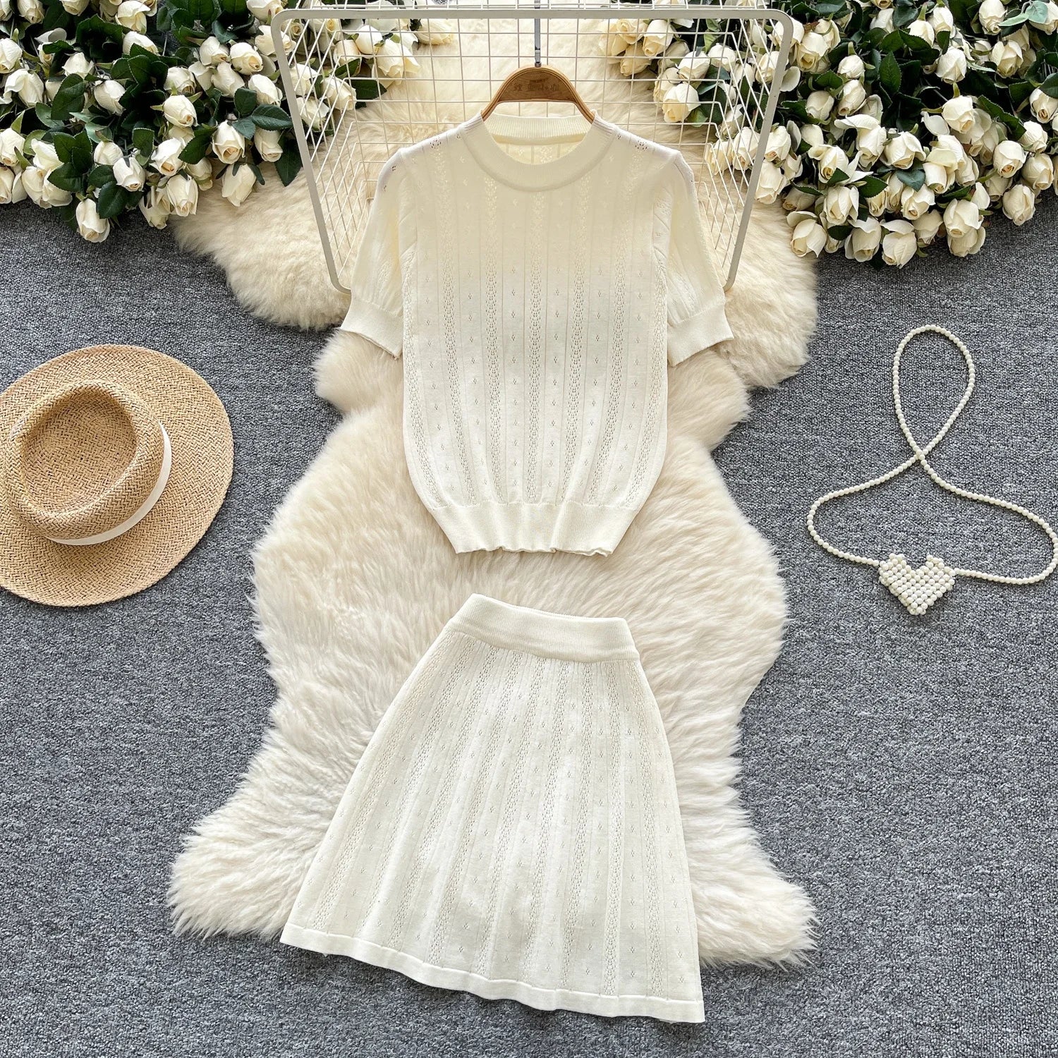 Casual Knitted Set for Women Sweet and Gentle Summer Style Round-neck Short-sleeved Top High-waisted Skirt
