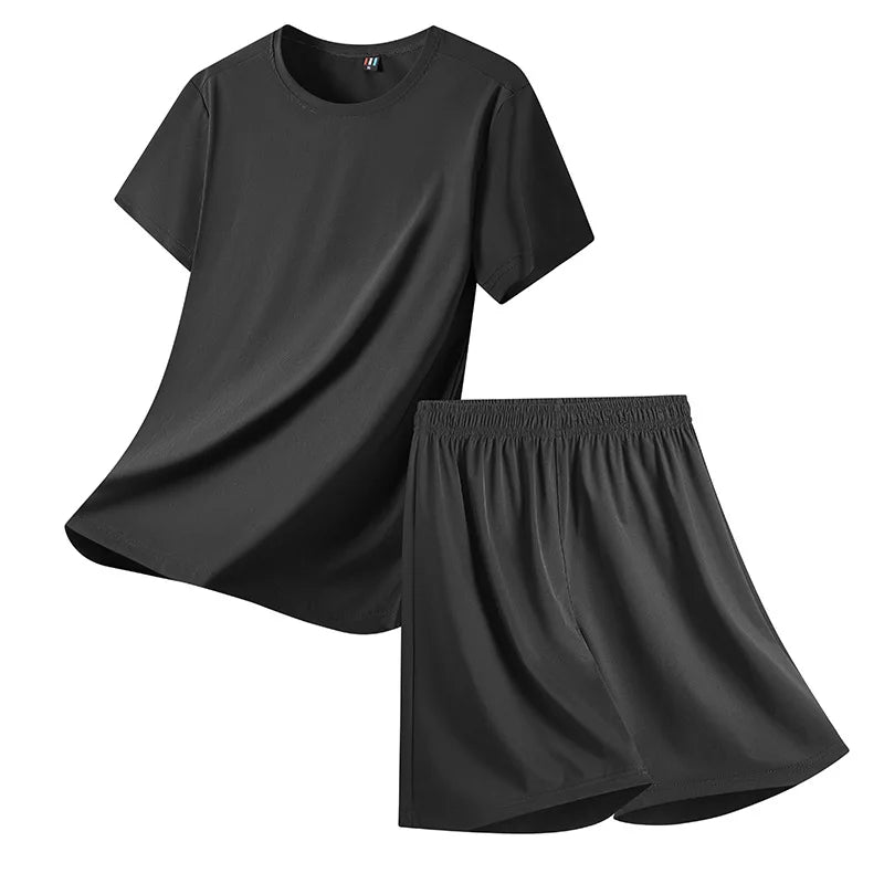 Bangladesh China Factory Price Custom Logo Embroidery Summer Ice Silk Men's Quick Dry Short Sleeve T Shirt Pants Shorts Set MegaBDM