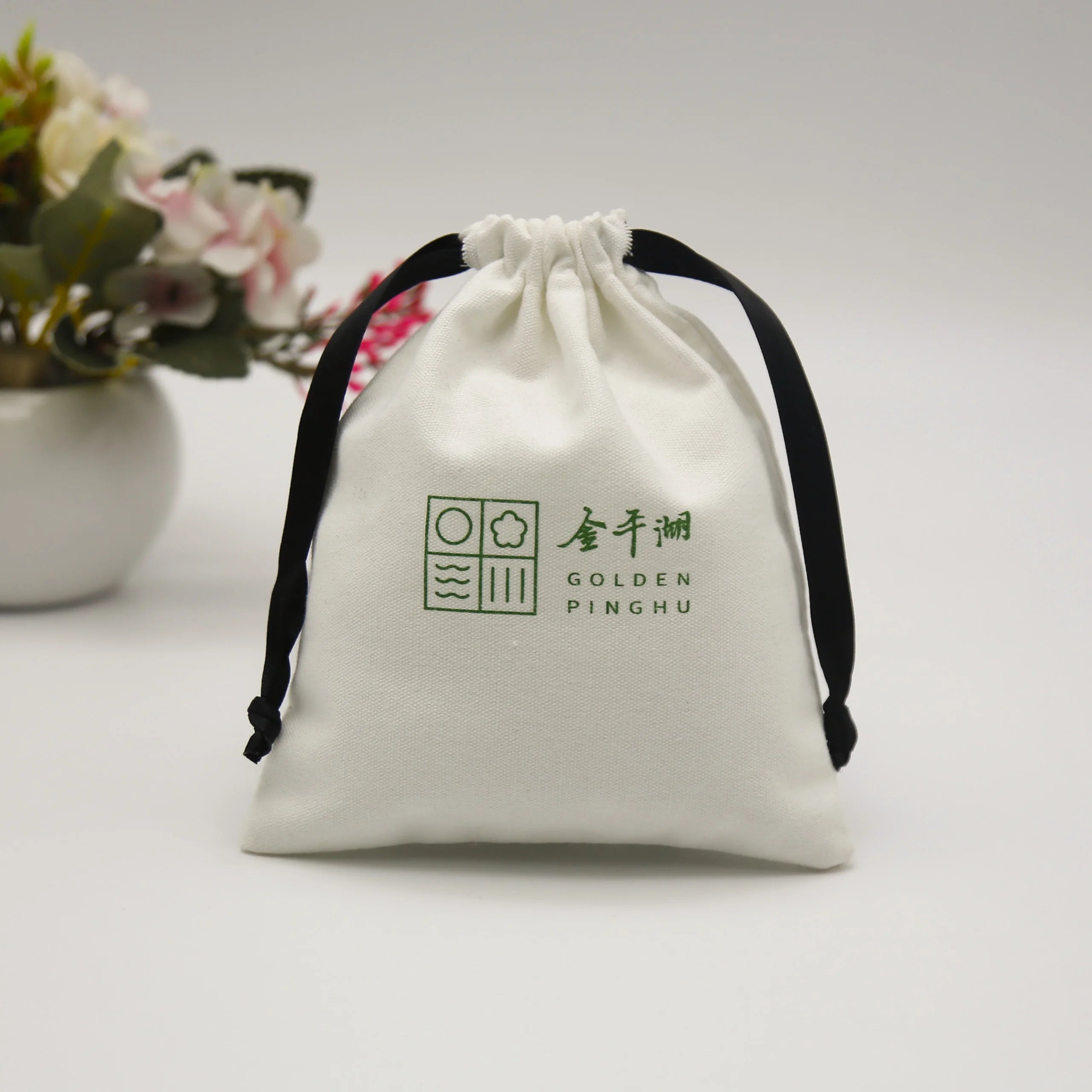 Recyclable Silk Printed Custom Logo Cotton Gift Packaging Drawstring Pouch