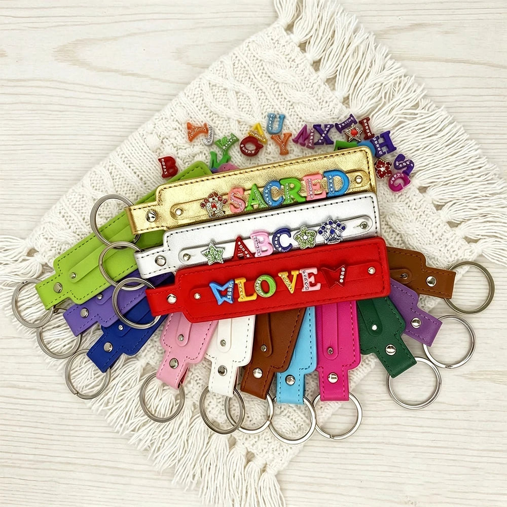 Wholesale Custom Logo DIY Slide Charm Letter PU Leather Keychain 8mm Bling Sparkling Name Key Ring for Gift MegaBDM