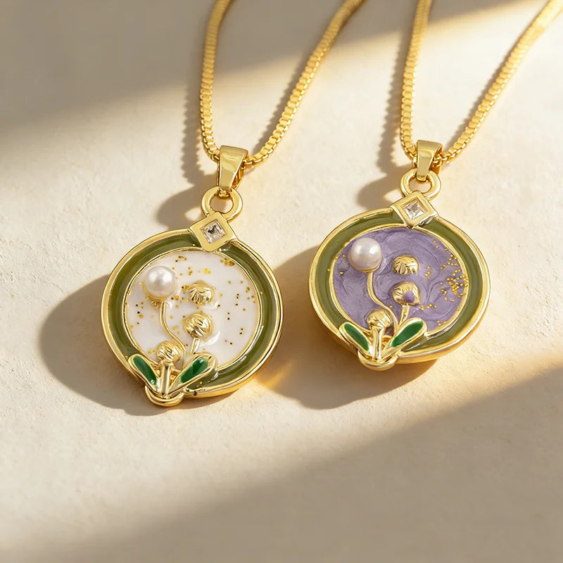 QIKU New Trendy Flower Design Enamel Drip Oil Inlaid Pearl Fashion Pendant Necklace for Women Girl Sweet Jewelry Gift