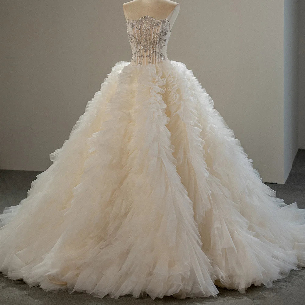 Jancember SFY222 Elegant Champagne Strapless Ruffle Ball Gown Women's Wedding Dresses