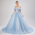 Luxury Light Blue Off Shoulder Quinceanera Dress Lace Applique Beaded Corset Tulle Ball Gown with Train Wholesale MegaBDM