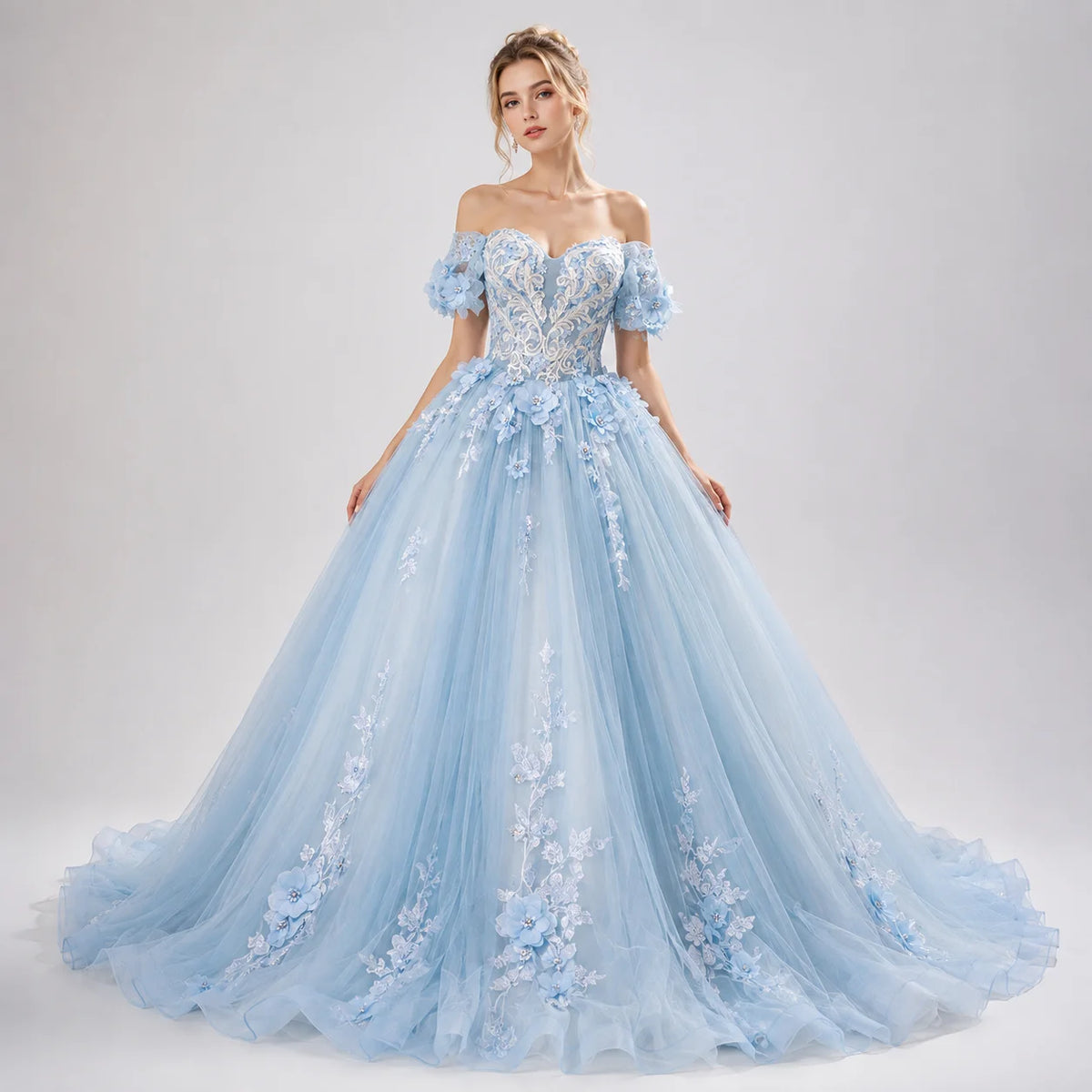 Luxury Light Blue Off Shoulder Quinceanera Dress Lace Applique Beaded Corset Tulle Ball Gown with Train Wholesale MegaBDM