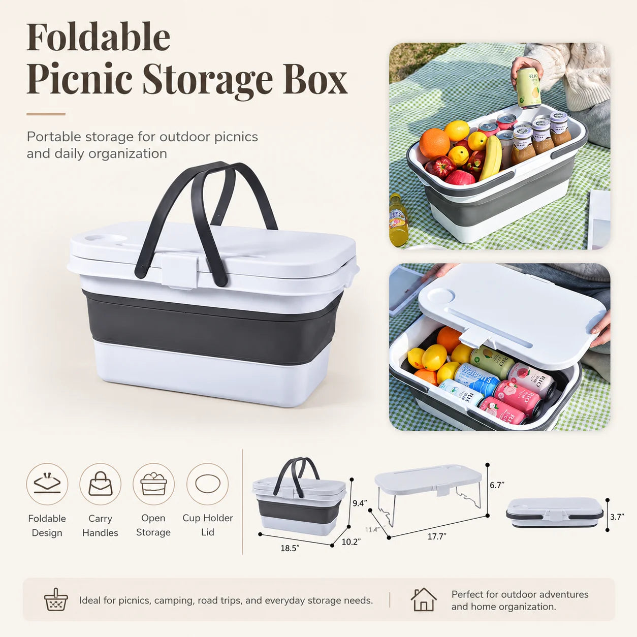 Foldable Picnic Storage Box with Carry Handles and Tabletop Lid Portable Outdoor Organizer for Camping Use
