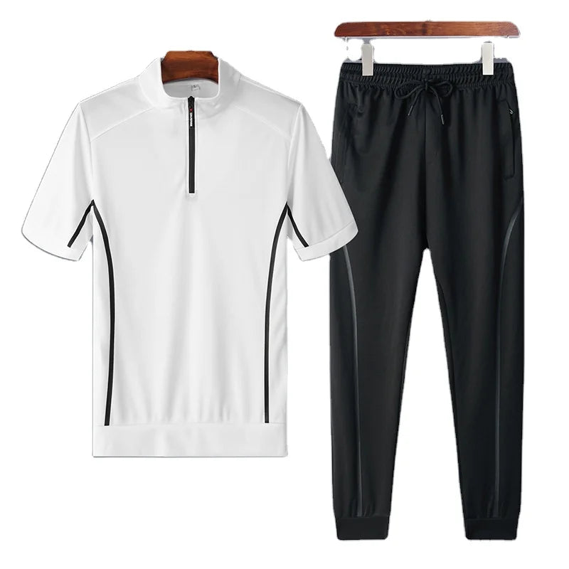 OEM Customized Logo Design Men's Summer Ice Silk Breathable Stretch Short-sleeved Trousers t Shirt Suit Large Size Sports Suit