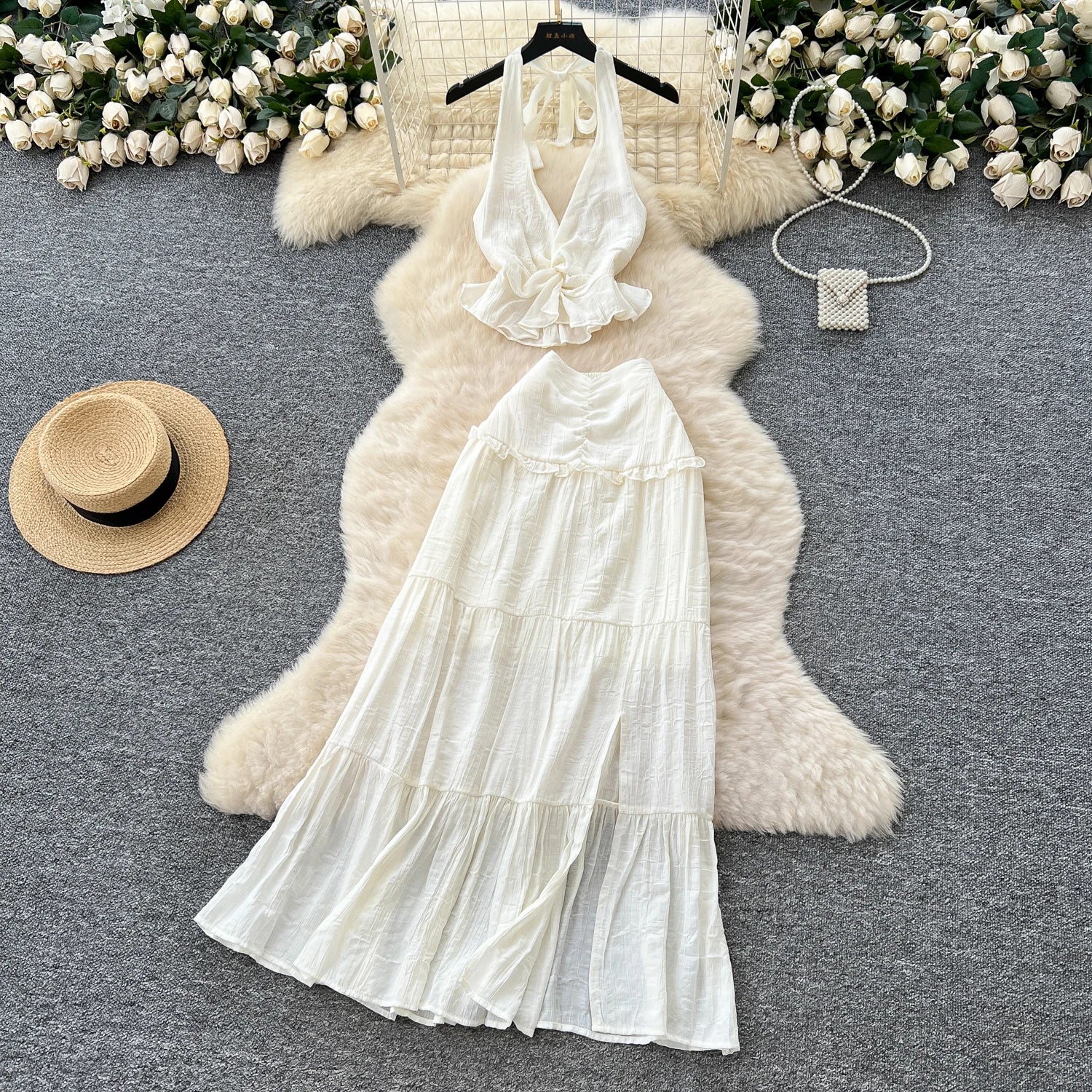 2025 Summer Women's Fairycore Sets Halter Tube Top And High Waist Slit Skirts Set Clothing Wholesale