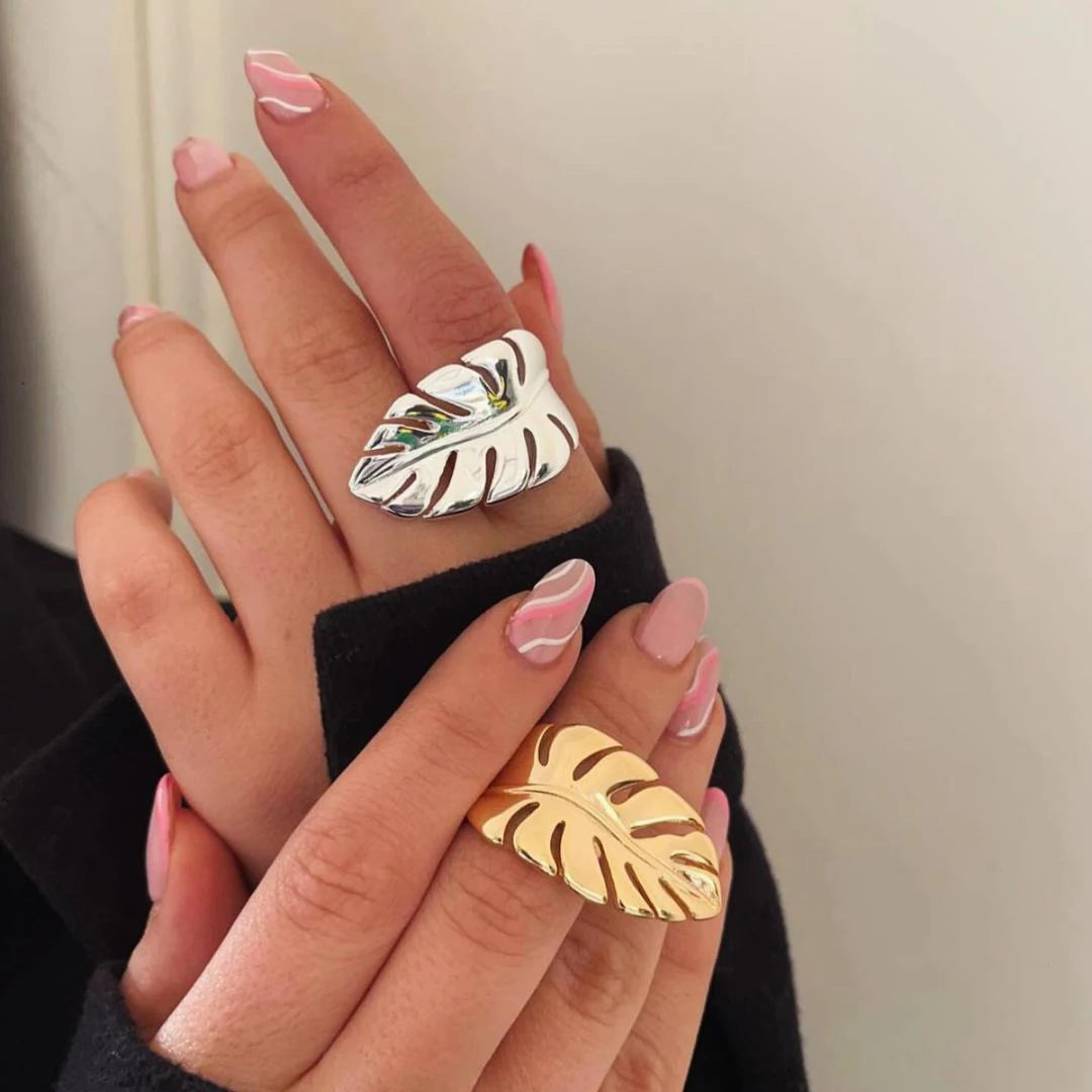 J&D Jewelry Leaf Feather Smooth Surface Ring 18K Gold Plated Stainless Steel Ring Opening Glossy Ring for Women