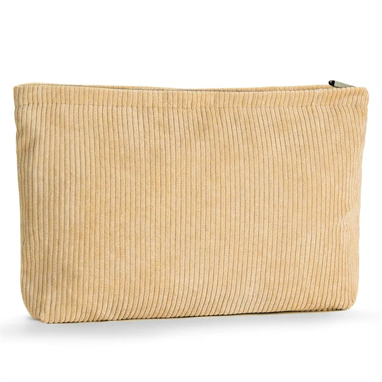 Wholesale Custom Logo Corduroy Makeup Travel Organizer Bag Fashionable Zipper Closure Cosmetic Pouch with Letter Pattern