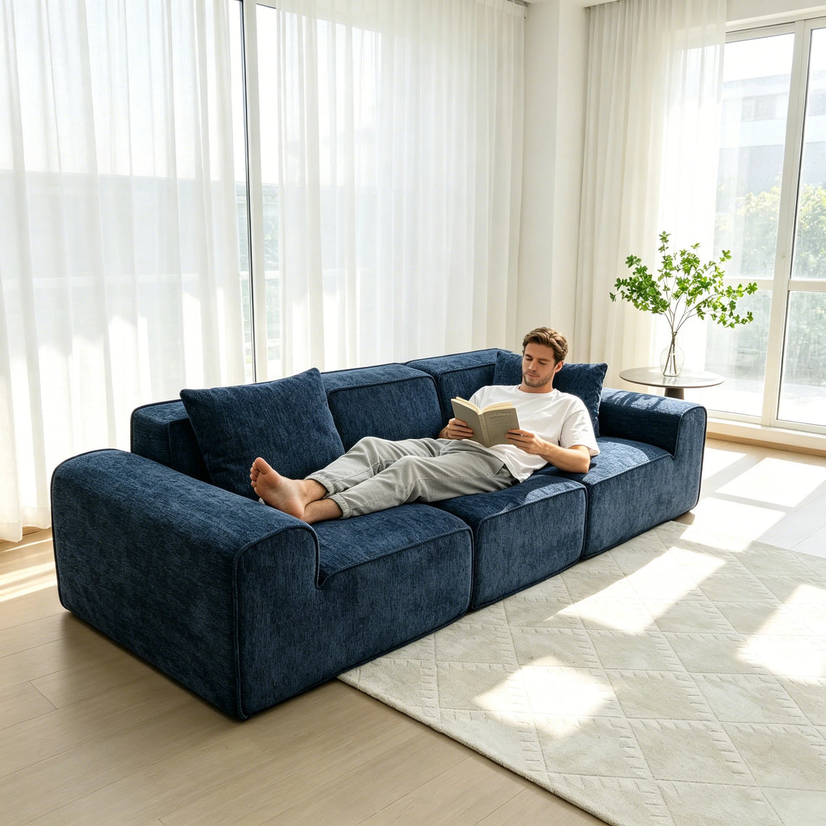 Export Packed Modern Modular Sofa Three Seater Chenille Living Room Lounge Couch Vacuum Compression Shipping Ready