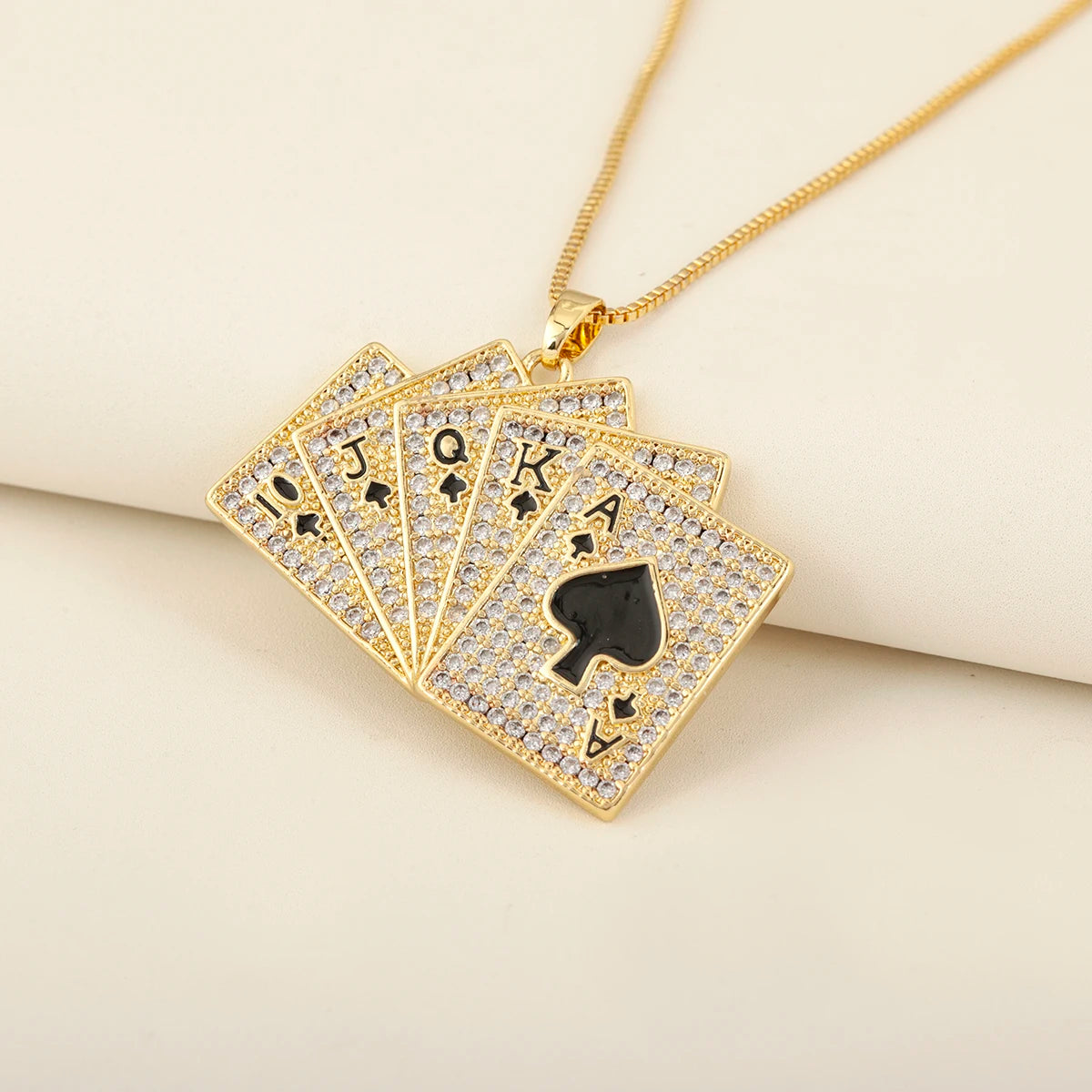 Poker Card Pendant Necklace Copper 18K Gold Plated Cubic Zirconia Ace King Queen Jack 10 Fashion Jewelry Gift for Men and Women